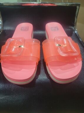Neon Coral Jelly Slide Sandals by Dolce Vita,Big Buckle,9